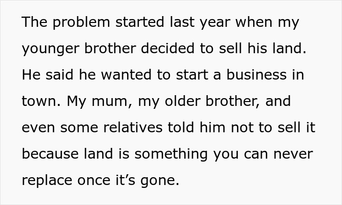 Text describing a family dispute over a brother-inherited land and money involving advice against selling property.