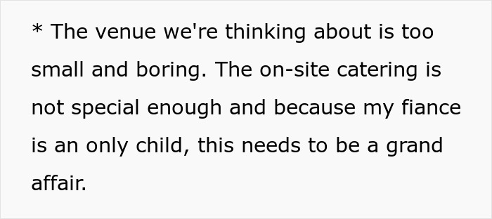 Text discussing venue concerns and expectations for a grand wedding, tied to bride refusing a $25K wedding gift debate.