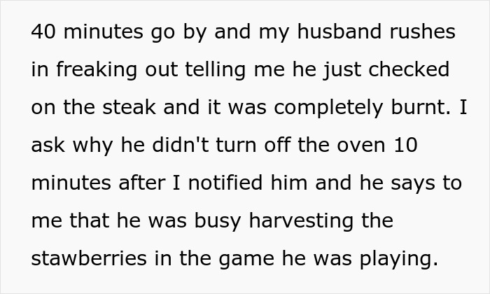 Husband burns steak while gaming, refusing to pay for the burnt meal after ignoring oven warnings.