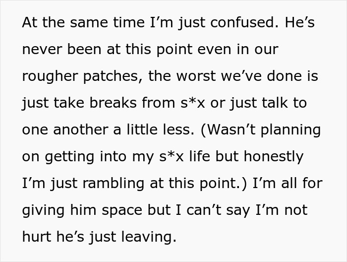 Text excerpt discussing confusion and hurt feelings over a husband’s behavior revealing cheating and relationship struggles.