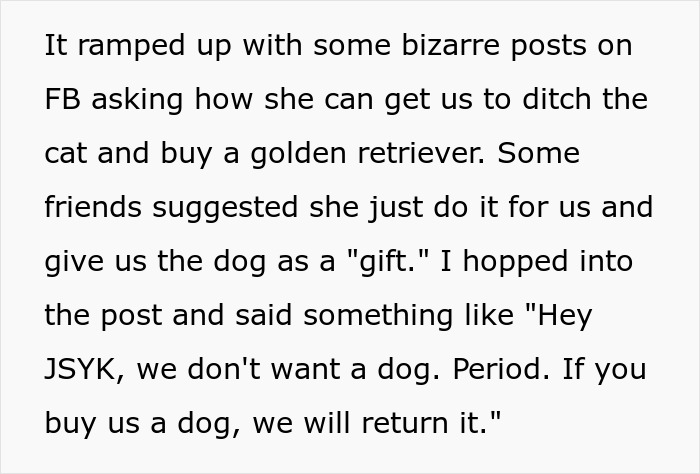 Text discussing breaking family tradition by getting a dog despite resistance and suggestions from friends on social media.