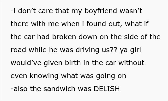 Text message conversation about pregnancy news and giving birth during a roadside car ride with her fianc&eacute;.