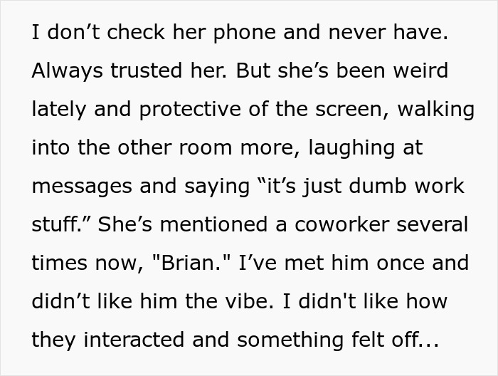 Text excerpt showing a husband concerned about his wife's secretive behavior and mentions of coworker Brian.