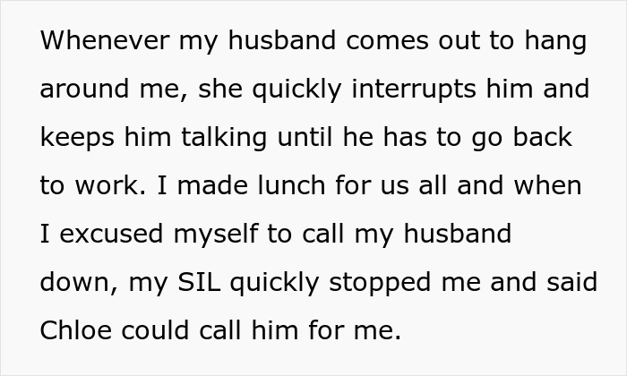 Text excerpt showing a woman describing her sister-in-law calling a pregnant woman a beached whale after a failed plot.
