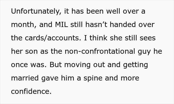 Text discussing MIL wanting to file bankruptcy due to debt and struggles with managing accounts and confidence.