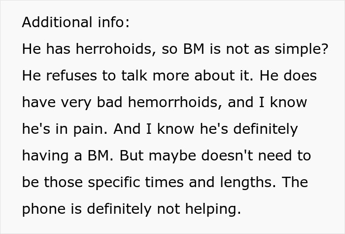 Text about man using bathroom habit to avoid parenting duties with wife fed up with his excuses and hemorrhoid pain.