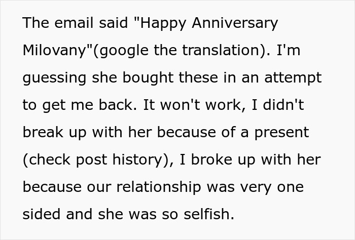 Text discussing a breakup and the frustration of trashing girlfriend's gift meant to reconcile a one-sided relationship.