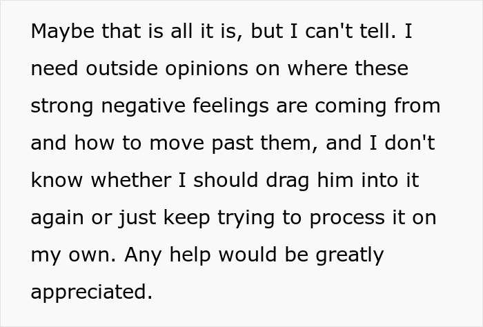 Text discussing someone seeking outside opinions on negative feelings and how to move past them, relating to wife realizing hubby downgraded. Text discussing someone seeking outside opinions on negative feelings and how to move past them, relating to wife realizing hubby downgraded.