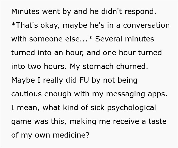 Text excerpt showing a woman anxiously waiting for a response after a perfect first date abroad using a dating app.