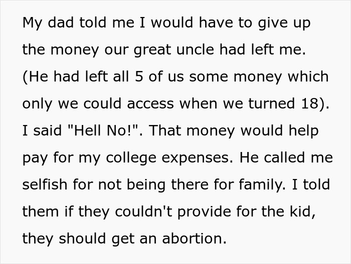 Text excerpt showing a teen daughter refusing to sacrifice education for delusional parents' demands over sixth baby miracle.
