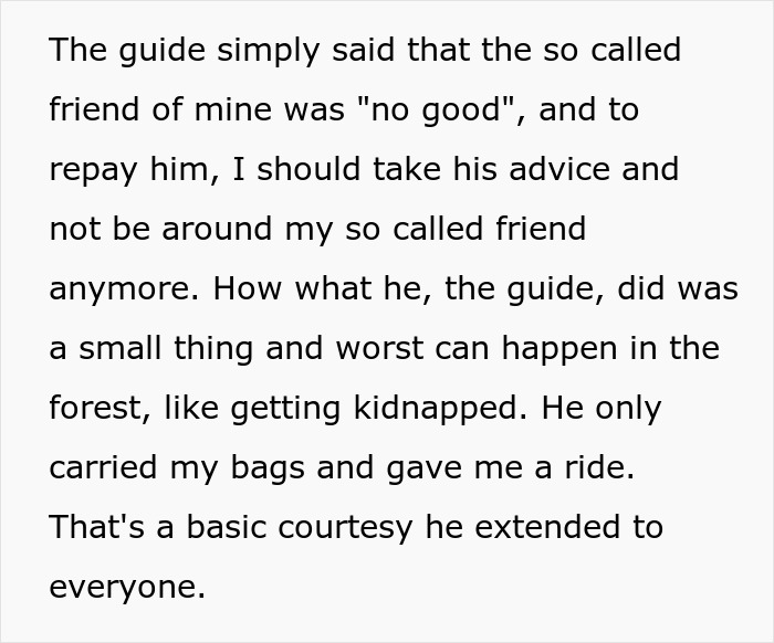 Texto discutindo homens abandonando suas parceiras durante atividades ao ar livre, descrevendo conselhos de um guia e uma experiência pessoal.