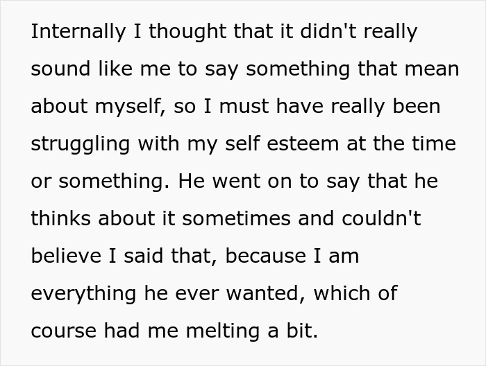 Text excerpt showing reflections on self esteem and a husband’s thoughts about “downgraded” from gorgeous to kind in marriage. Text excerpt showing reflections on self esteem and a husband’s thoughts about “downgraded” from gorgeous to kind in marriage.