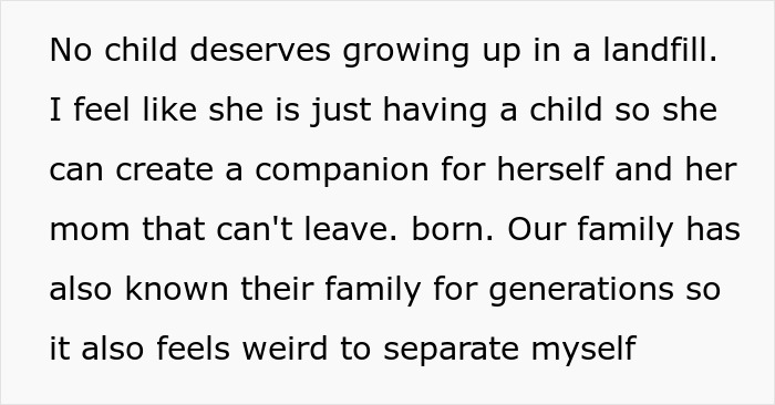Text excerpt discussing concerns about a mom and pregnant daughter living in a landfill environment and family friend&rsquo;s reaction.
