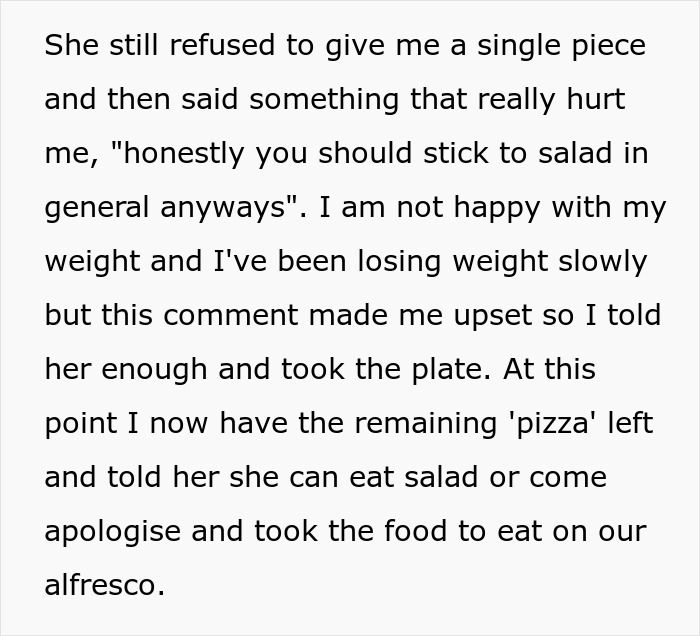Texto mostrando a reação de um marido após o comentário cruel de uma esposa grávida sobre seu peso e escolha de salada. Texto mostrando a reação de um marido após o comentário cruel de uma esposa grávida sobre seu peso e escolha de salada.
