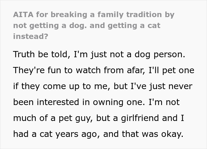 Text excerpt discussing breaking family tradition by not getting a dog and the author&rsquo;s preference for cats instead.