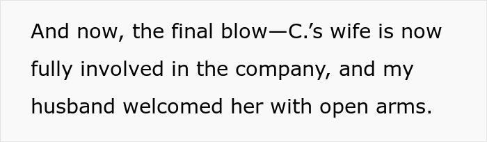 Text excerpt showing a woman realizing her best friend&rsquo;s wife is involved in sabotaging their relationship.