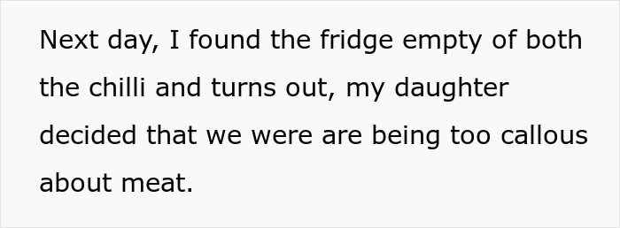 Text on white background about a vegan teen cooking meat after mom&rsquo;s lesson on wasting food.