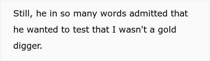 Text showing a man admitting he wanted to test if the woman was a gold digger in a gold digger test situation.