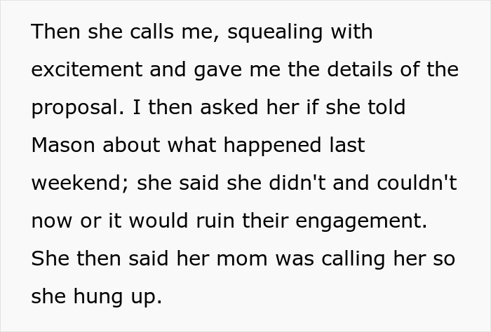 Text message conversation about a cheater hiding a one night stand from her boyfriend and risking their engagement.