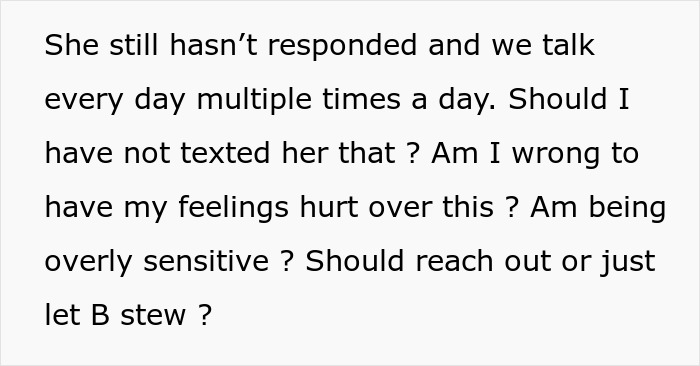Text excerpt showing a person questioning their feelings about a best friend fight mom situation and communication.