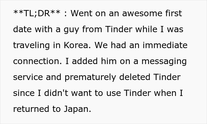 Text excerpt describing a woman&rsquo;s perfect first date abroad and deleting her dating app with no way to reach him later.