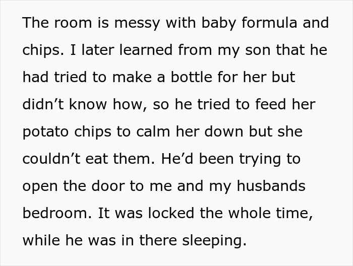 Messy room with baby formula, chips, and a baby crying while son panics and husband sleeps during a 10-hour shift.