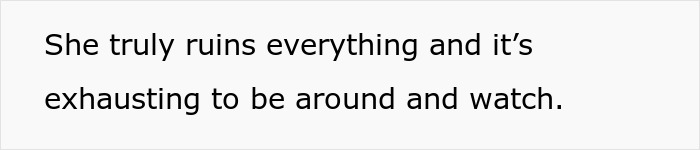 Text on a white background stating the exhaustion of watching a violent niece who injures a 6-month-old baby while the enabler family ignores the victim.