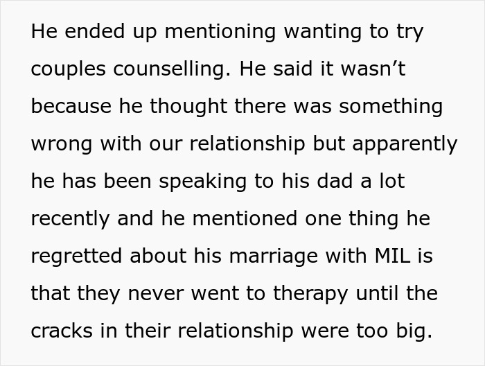 Text excerpt discussing wanting couples counselling and regrets about marriage therapy delays in a strained relationship.