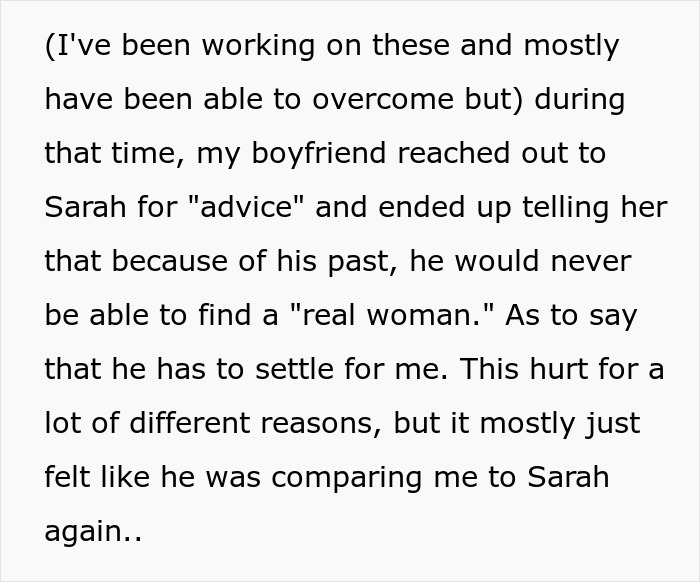 Text excerpt showing a boyfriend ruthlessly comparing his devoted girlfriend to another man&rsquo;s wife, making her feel second best.