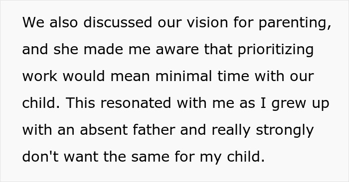 Text about parenting vision and prioritizing time with child, reflecting on absent father and avoiding same for child.