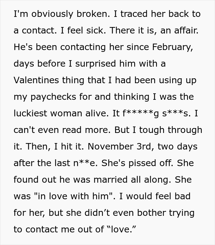 Text revealing a woman’s discovery of her husband’s affair, highlighting cheating jerk and emotional pain.