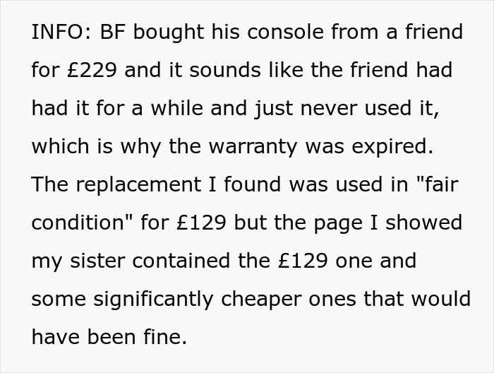 Text explaining PS4 console purchase, warranty expiry, and replacement costs after 11YO breaks aunt&rsquo;s PS4 situation.