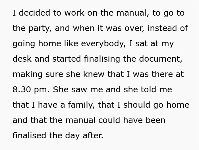 Text excerpt showing a worker staying late at the office highlighting work-life balance in a cynical boss scenario.