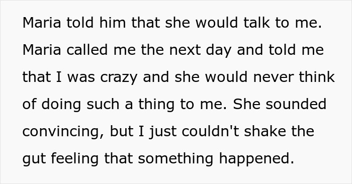Text excerpt showing a conversation with a gut feeling that something happened after hearing moaning involving wife, hubby, and bestie.