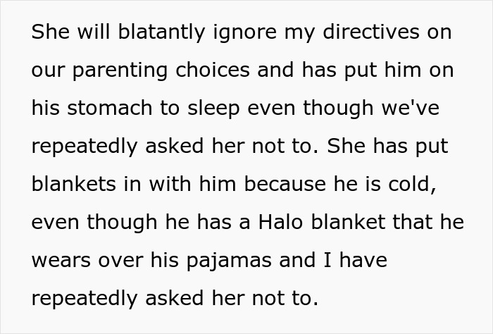 Text discussing new mom's anxiety and conflict with in-laws over parenting choices during visits.