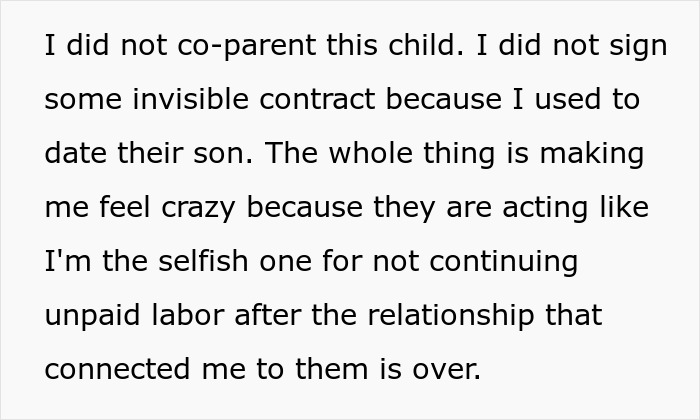 Woman struggles with harassment to watch ex&rsquo;s nephew after breakup, feeling trapped without freedom or co-parenting rights.