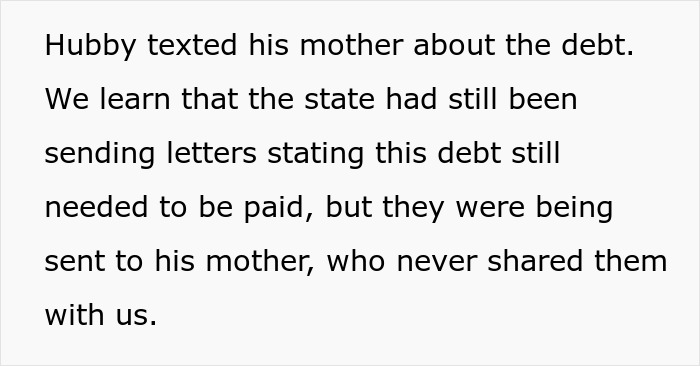 Text about a husband informing his mother about debt and the state sending letters regarding unpaid debt.
