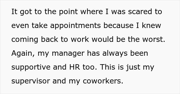 Text excerpt about a cancer survivor facing workplace challenges from coworkers and a supervisor after returning to work.