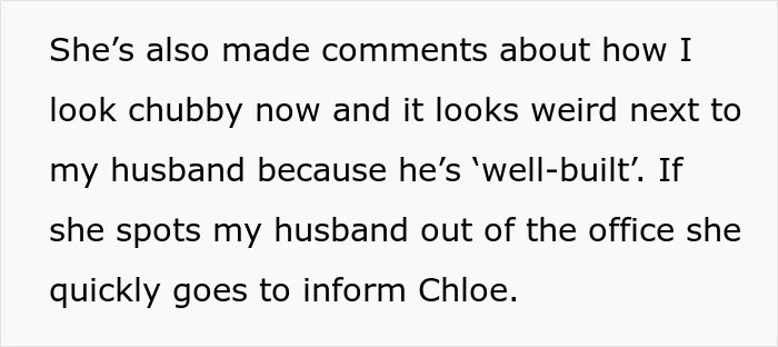 Text excerpt about SIL calling pregnant woman chubby and informing Chloe about her husband, highlighting family conflict.