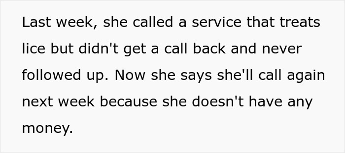 Text excerpt discussing a wife refusing lice treatment and a delayed follow-up due to lack of money.