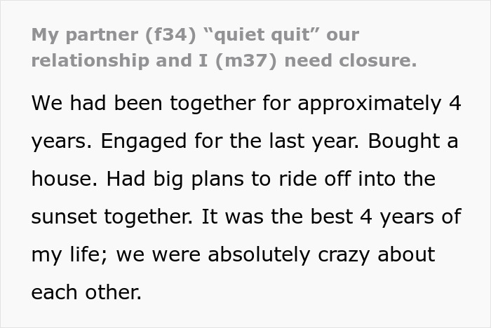 Screenshot of a man&rsquo;s message explaining his fianc&eacute;e quietly ended their relationship after four years together.