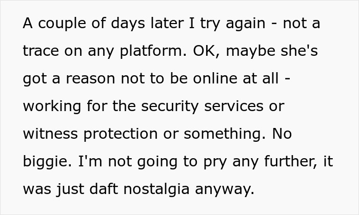 Text excerpt about a guy searching for his teenage ex online and reflecting on nostalgia after no success.