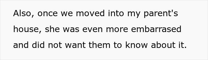 Text excerpt about a wife refusing to treat her lice, expressing embarrassment after moving into her parents' house.