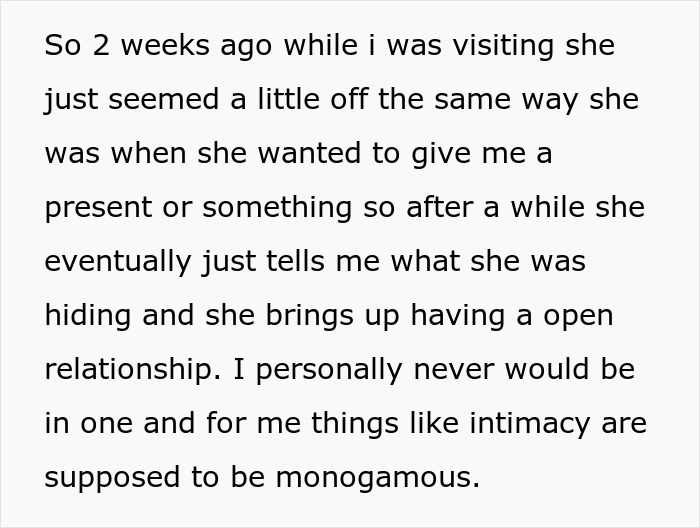 Text excerpt about a girlfriend wanting an open relationship, causing the boyfriend to consider dumping her amid family conflict.