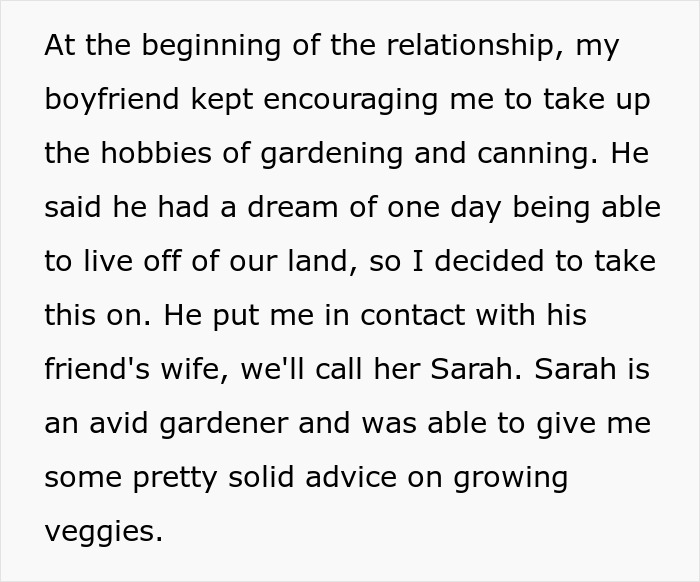 Text about a boyfriend encouraging gardening, comparing his devoted girlfriend to another man's wife, making her feel second best.