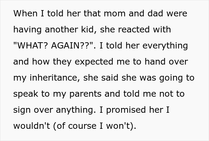 Text screenshot showing a conversation about delusional parents calling their sixth baby a miracle and demanding a teen's education sacrifice.