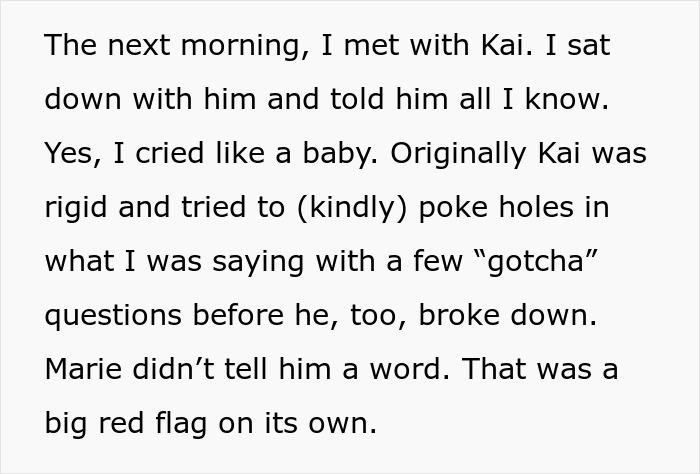 Text describing a woman’s innocent goofy joke revealing her husband as a horrible cheating jerk in a dramatic conversation.