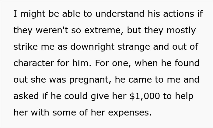 Text excerpt discussing a man helping his pregnant coworker by offering financial support for her expenses.