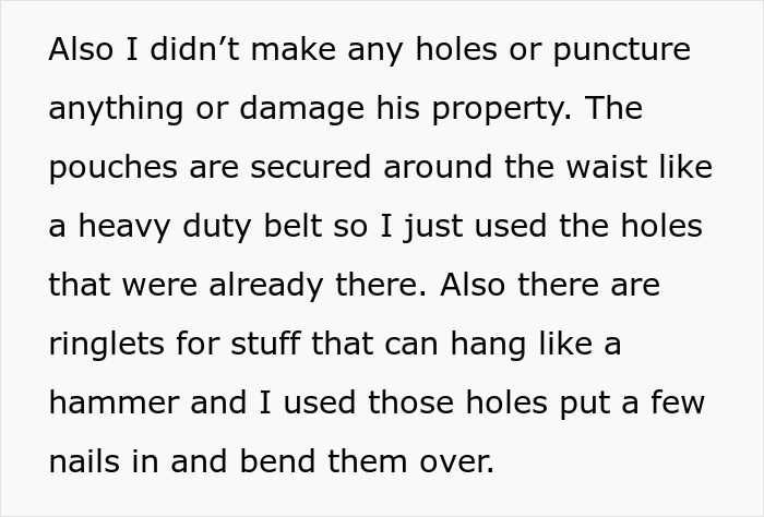 Text explaining using belt pouches without damaging property, with nails bent over to secure tools on the floor.