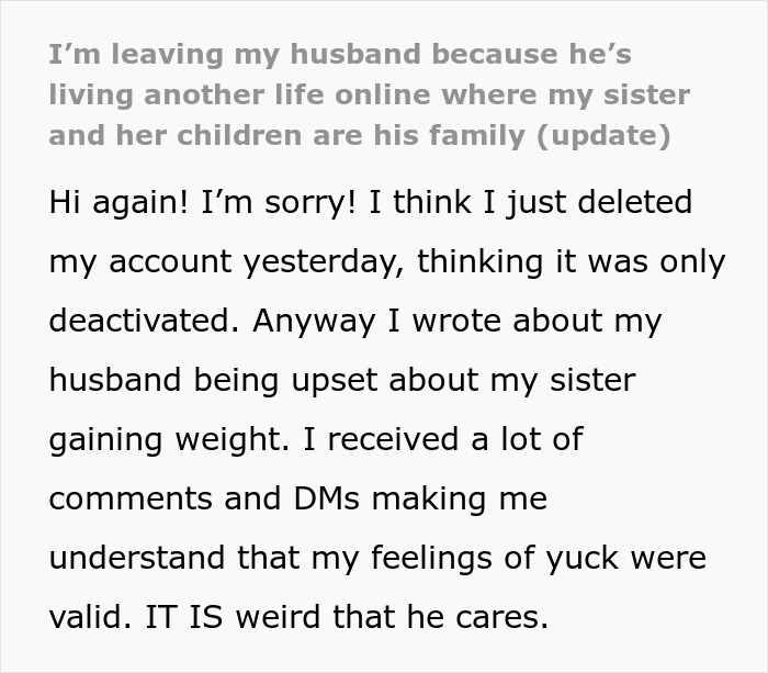 Woman weirded out by husband&rsquo;s obsession with sister&rsquo;s weight uncovers texts revealing the reason behind it all.